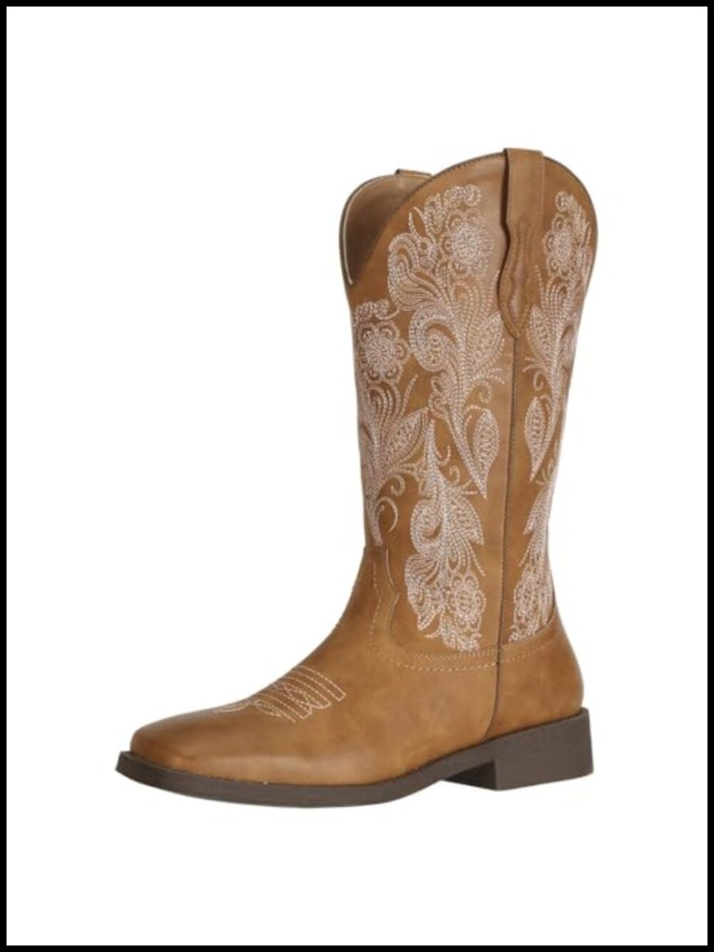 Floral Embroidered Cowboy Boots Square Toe Western Cowgirl Faux Leather